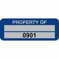 Lustre-Cal Property ID Label PROPERTY OF 5 Alum Blue 2in x 0.75in 1 Blank Pad&Serialized 0901-1000, 100PK 253740Ma2Bd0901